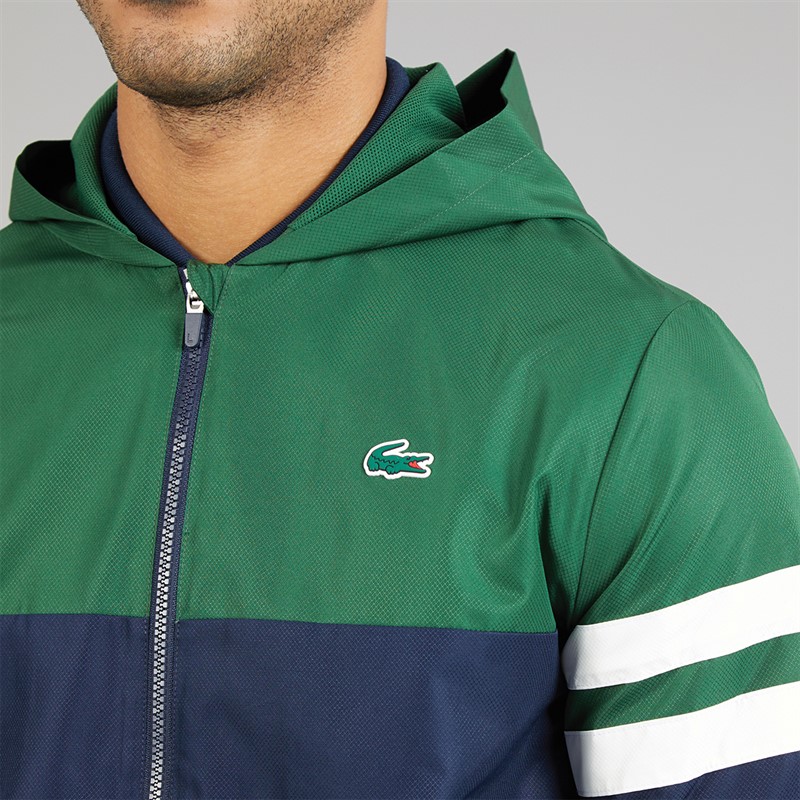 Lacoste Mens Water Repellent Hooded Jacket Navy Blue/Green/White
