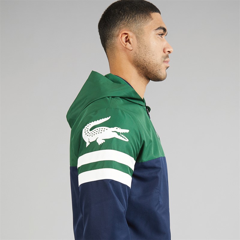 Lacoste Mens Water Repellent Hooded Jacket Navy Blue/Green/White