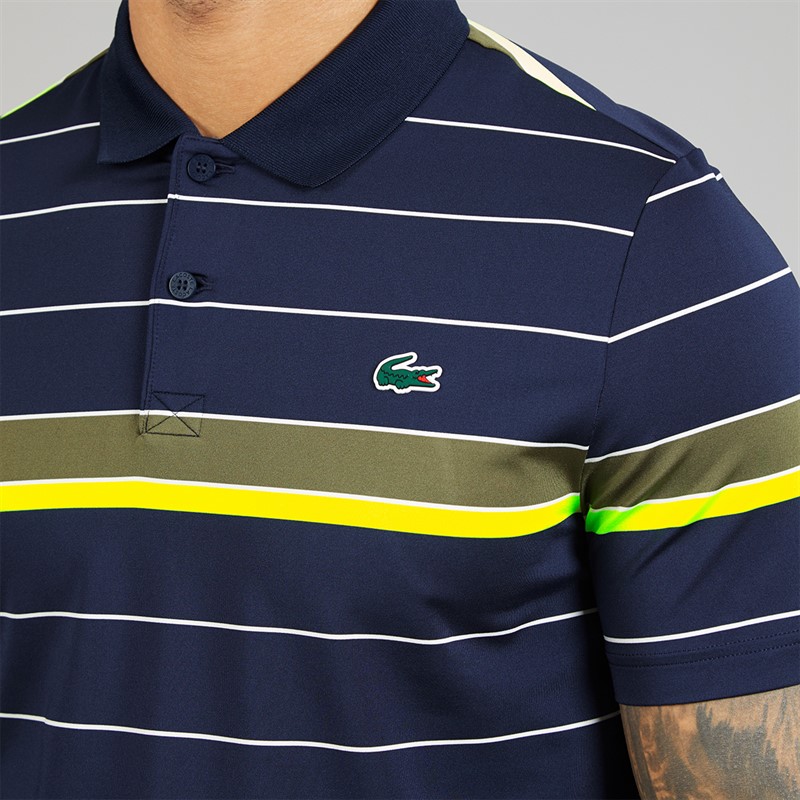Lacoste Mens Striped Stretch Polo Shirt Navy Blue/Khaki Green/Flashy Yellow