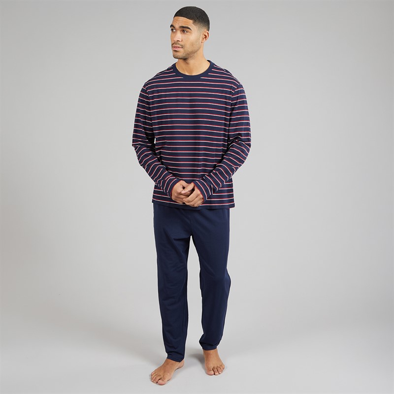 Lacoste Mens Striped Pyjama Set Navy Blue/Red/White