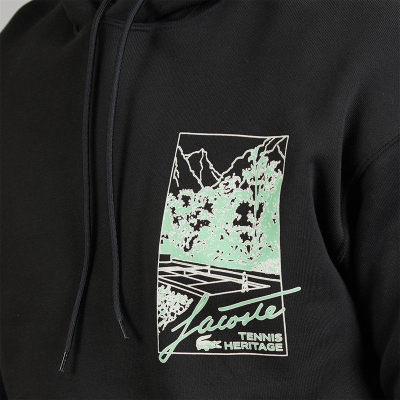 Lacoste Mens Printed Fleece Hoodie Black