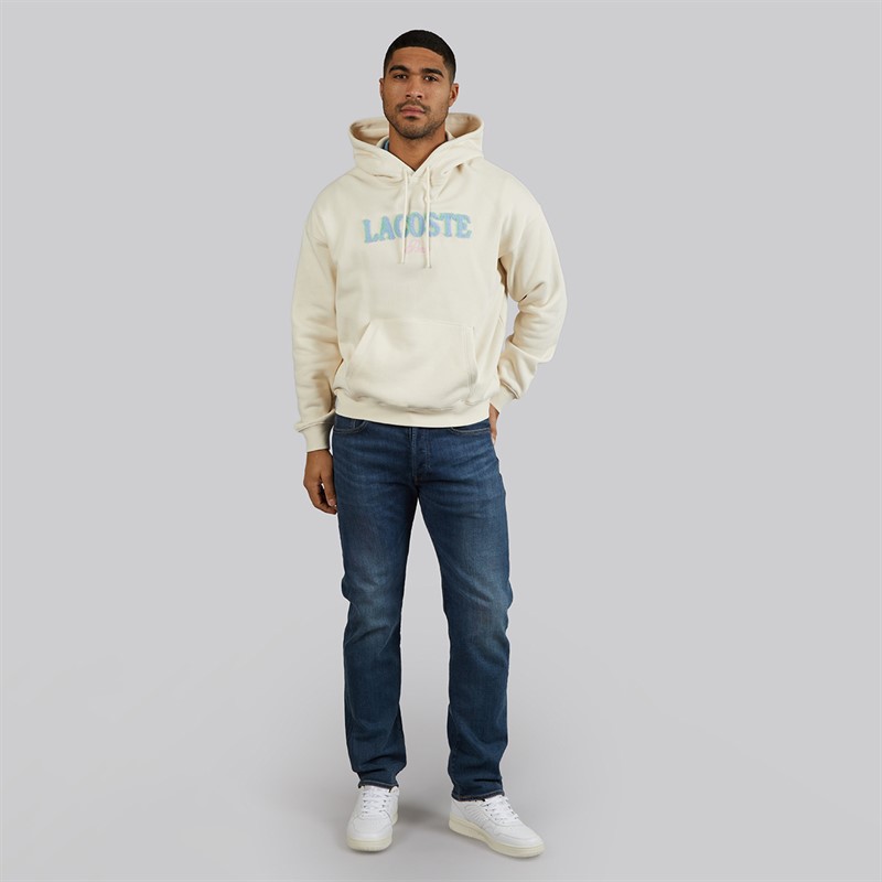 Lacoste Mens Loose Fit Embroidered Hoodie Ecru White