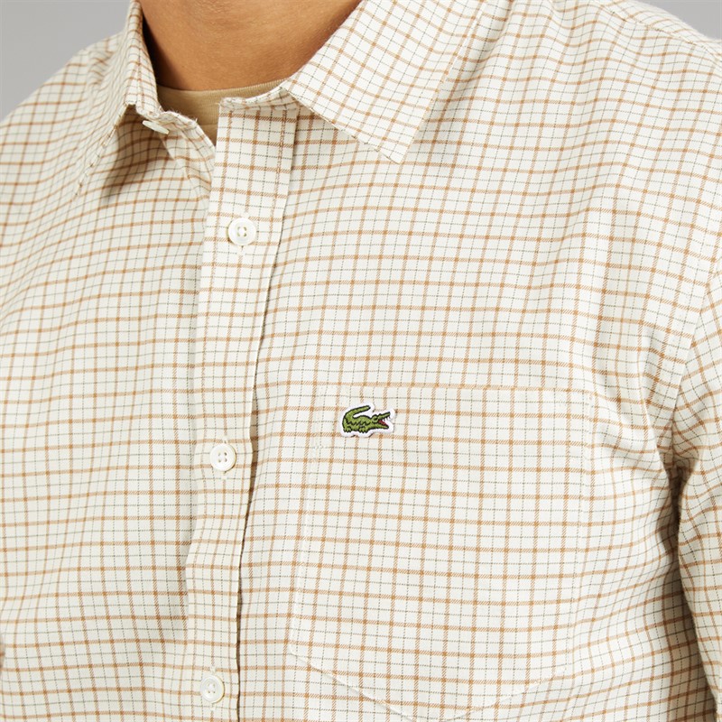 Lacoste Mens Regular Fit Plaid Flannel Shirt White/Brown