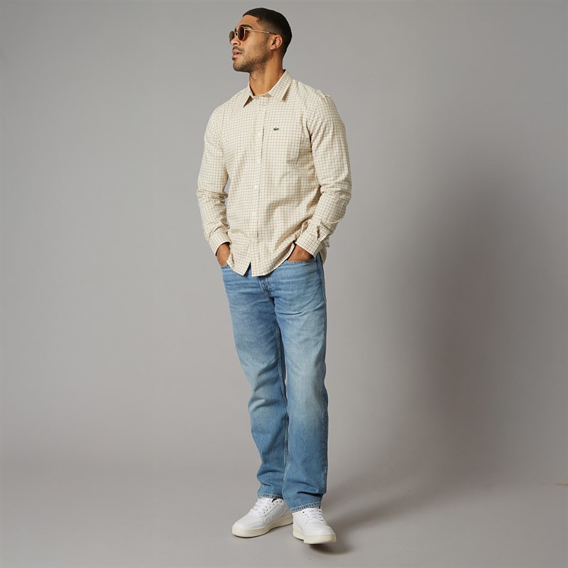 Lacoste Mens Regular Fit Plaid Flannel Shirt White/Brown