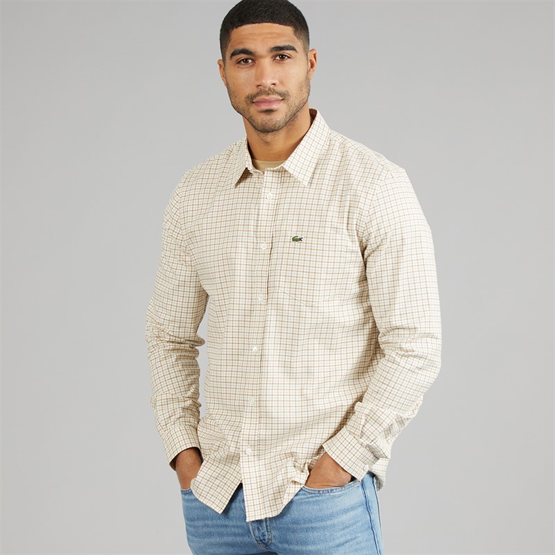 Lacoste Mens Regular Fit Plaid Flannel Shirt White/Brown