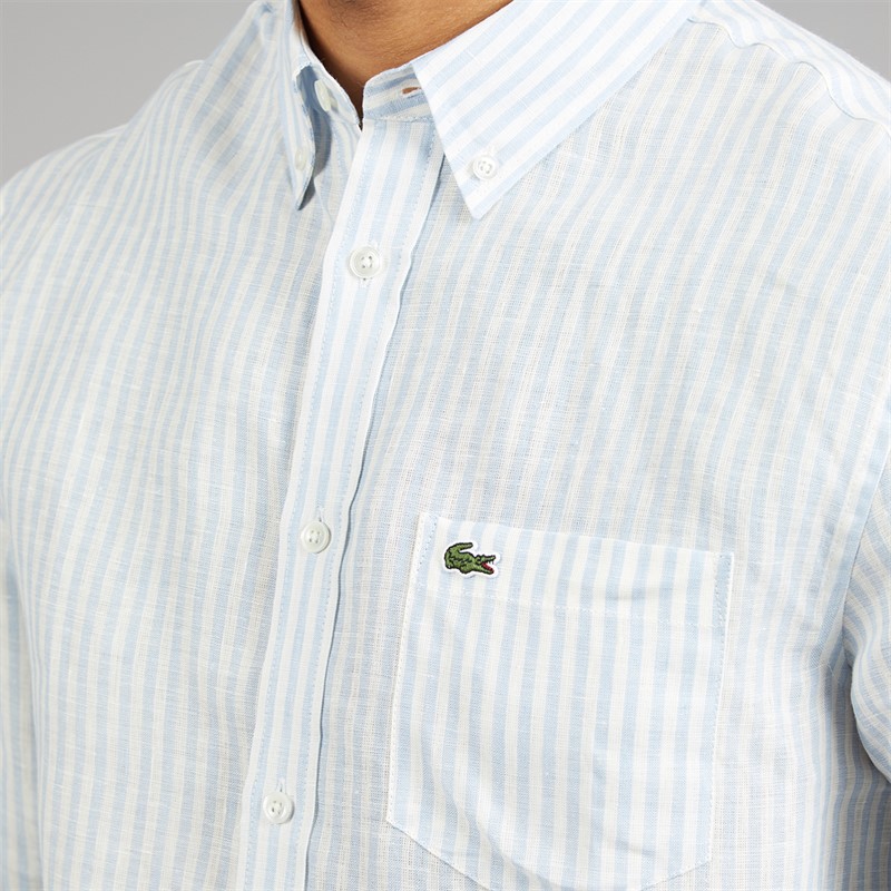 Lacoste Mens Regular Fit Striped Linen Shirt Bleu/Blanc