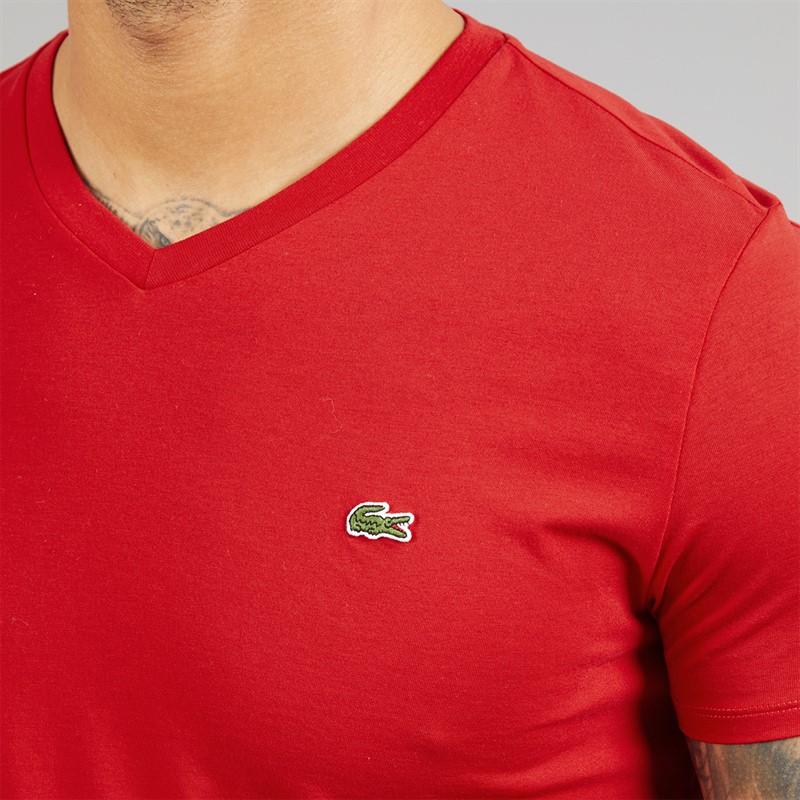 Lacoste Mens Lightweight V-Neck T-Shirt Rouge