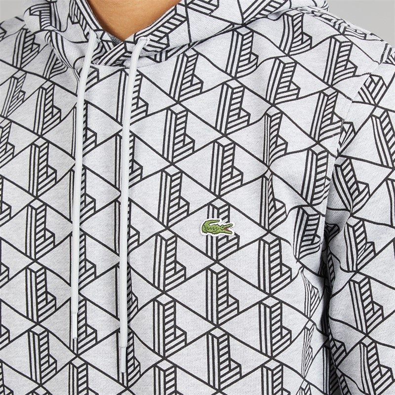 Lacoste Mens Monogram Fleece Hoodie Grey