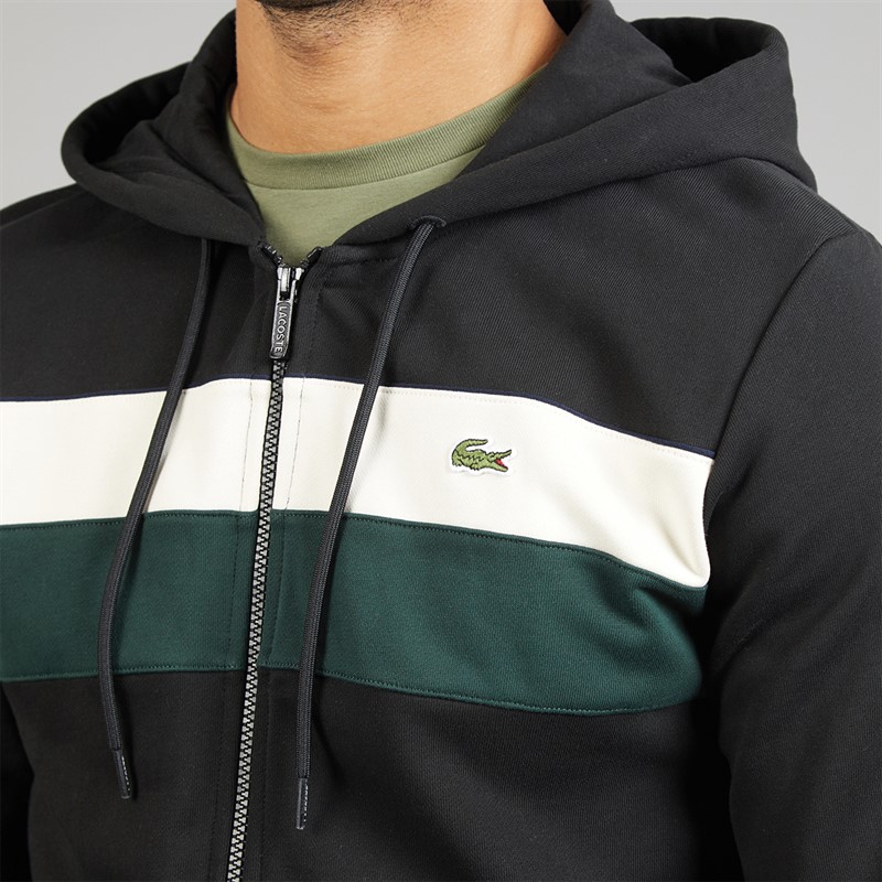 Lacoste Mens Zip Through Colour Block Hoodie Black/White/Green