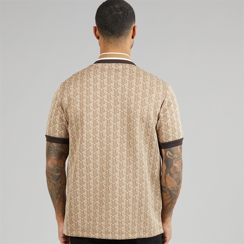 Lacoste Mens Classic Fit Monogram Jacquard Polo Shirt Beige/Brown