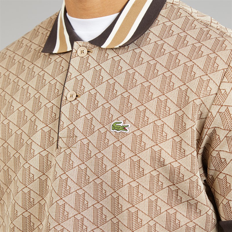 Lacoste Mens Classic Fit Monogram Jacquard Polo Shirt Beige/Brown