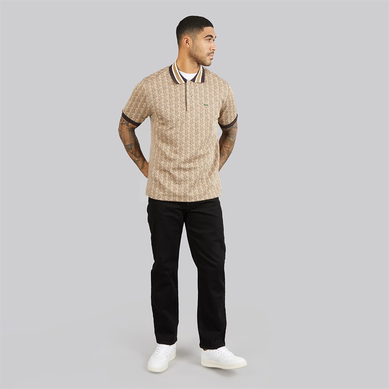 Lacoste Mens Classic Fit Monogram Jacquard Polo Shirt Beige/Brown