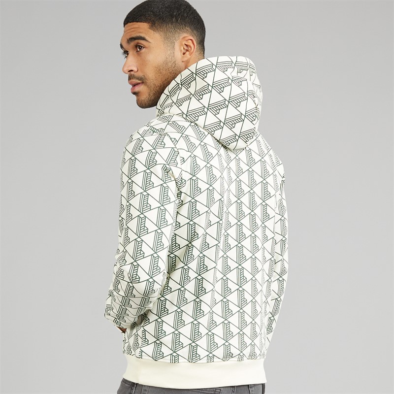 Lacoste Mens Monogram Fleece Hoodie White/Green