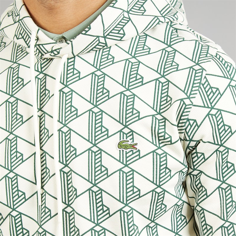 Lacoste Mens Monogram Fleece Hoodie White/Green