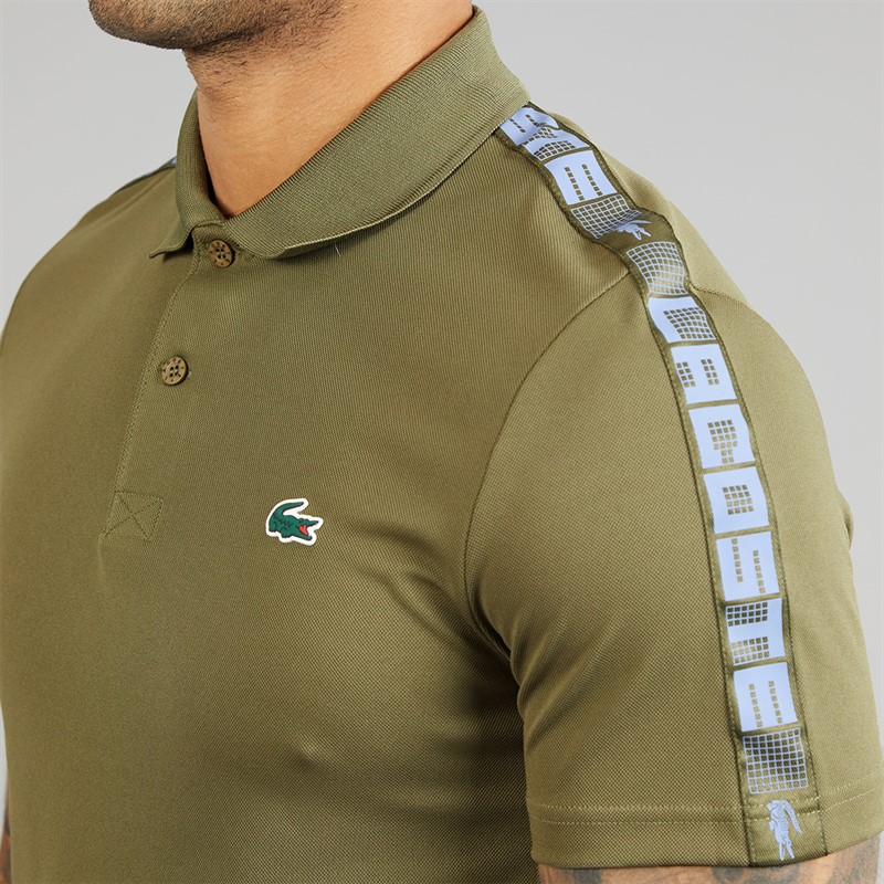 Lacoste Mens Branded Stripe Polo Shirt Khaki Green