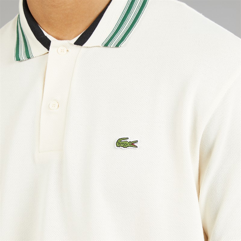 Lacoste Mens Classic Fit Stripe Collar Polo Shirt Ecru White