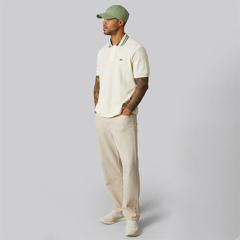 Lacoste Mens Classic Fit Stripe Collar Polo Shirt Ecru White