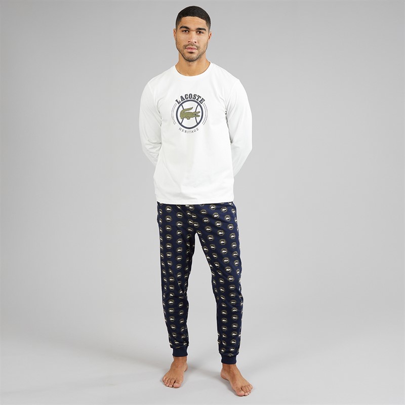 Lacoste Mens Printed Pyjama Set White/Navy Blue