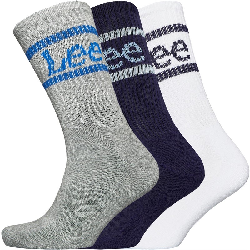 Lee Mens Crane Three Pack Ribbed Crew Socks Baritone Blue/Bright White/Grey Marl