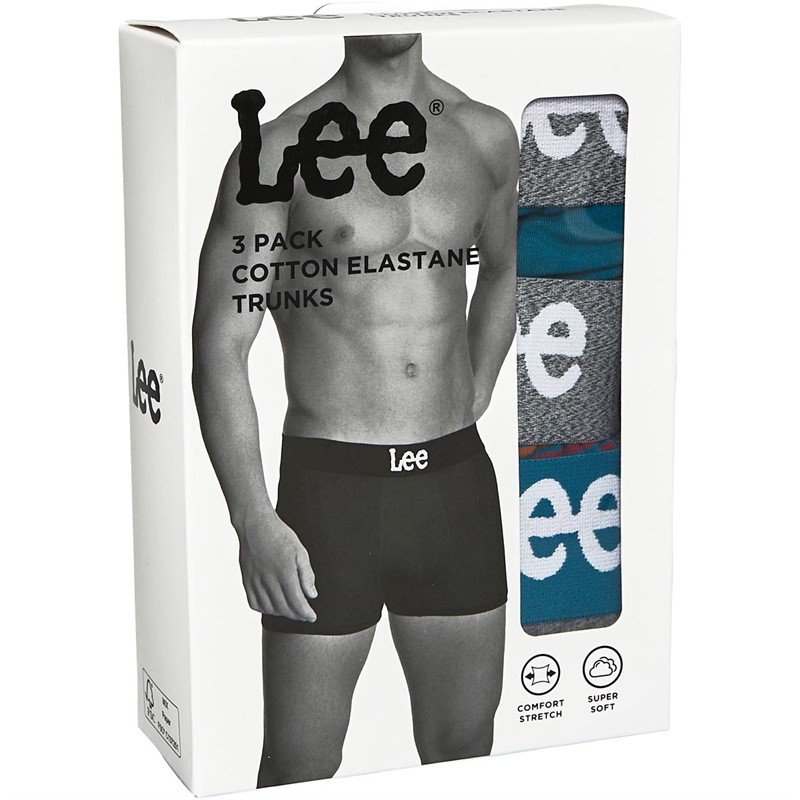 Lee Mens Leitch Three Pack Trunks Royal Teal/Stripe/Grey Marl