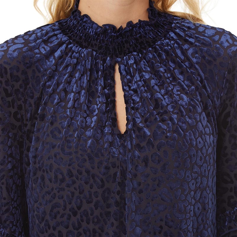 Little Mistress Womens Animal High Neck Key Hole Top Navy