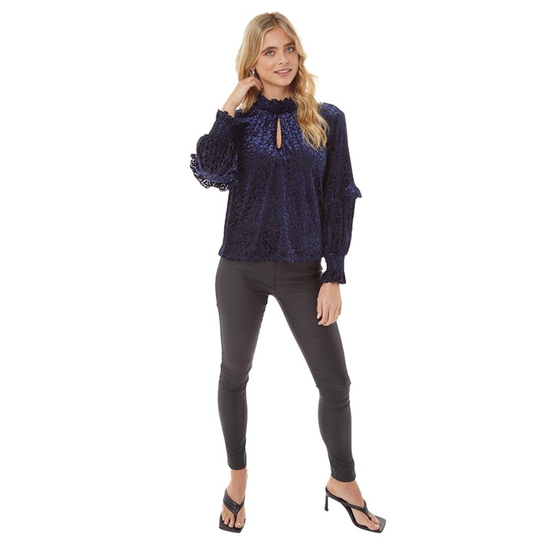 Little Mistress Womens Animal High Neck Key Hole Top Navy