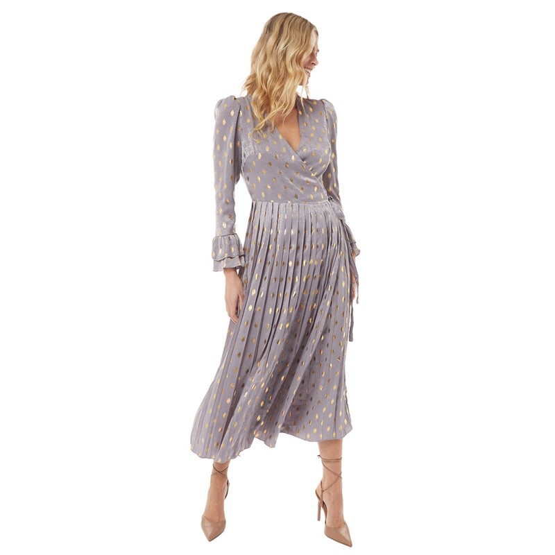 Little Mistress Womens Satin Pleated Wrap Midaxi Dress Gunmetal