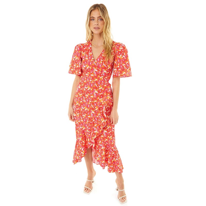 Little Mistress Womens Frill Hem Midi Wrap Dress Red And Pink Floral