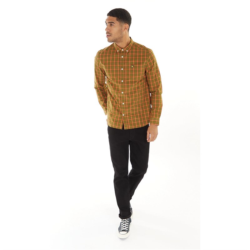 Lyle And Scott Vintage Mens Check Poplin Long Sleeve Shirt Victory Orange/Olive
