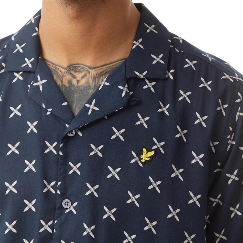 Lyle And Scott Vintage Mens Shuttle Print Revere Collar Short Sleeve Shirt Dark Navy