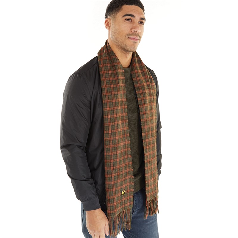 Lyle And Scott Vintage Mens Tartan Lambswool Scarf Victory Orange/Olive/Jet Black