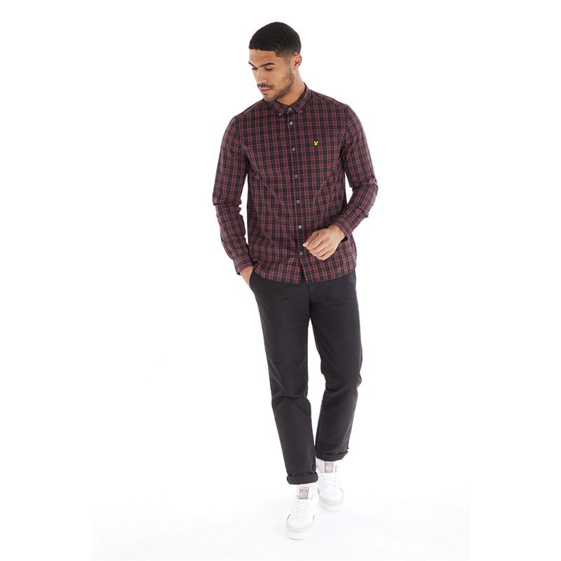 Lyle And Scott Vintage Mens Check Poplin Shirt W196 Jet Black/Burgundy Check