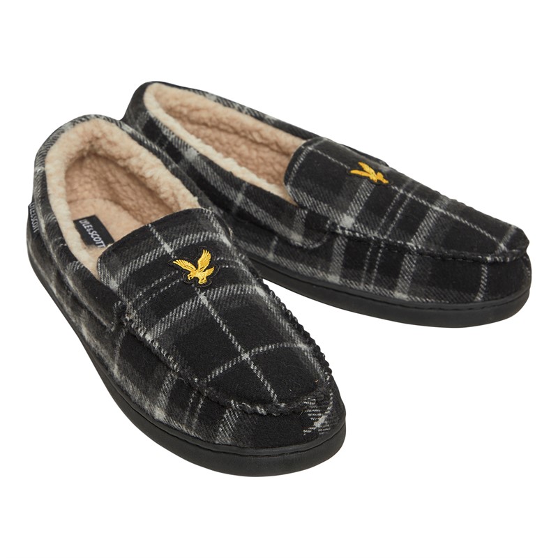 Lyle And Scott Vintage Mens Buster Mocasin Slippers Black Mixed Check