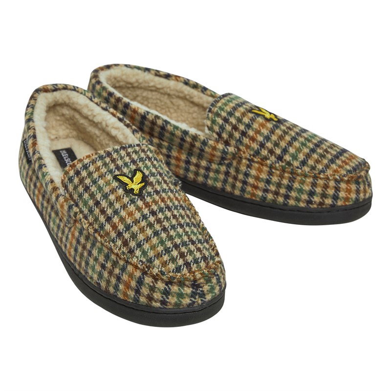 Lyle And Scott Vintage Mens Buster Mocasin Slippers Brown Houndstooth