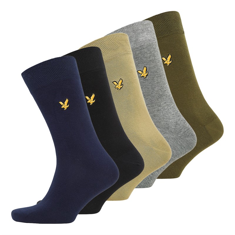 Lyle And Scott Vintage Mens Liam Five Pack Crew Socks Black/Dark Olive/Incense/Peacoat/Grey Marl