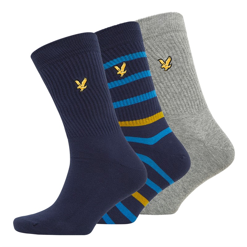 Lyle And Scott Vintage Mens Fabian Three Pack Crew Socks Stripe/Grey Marl/Peacoat