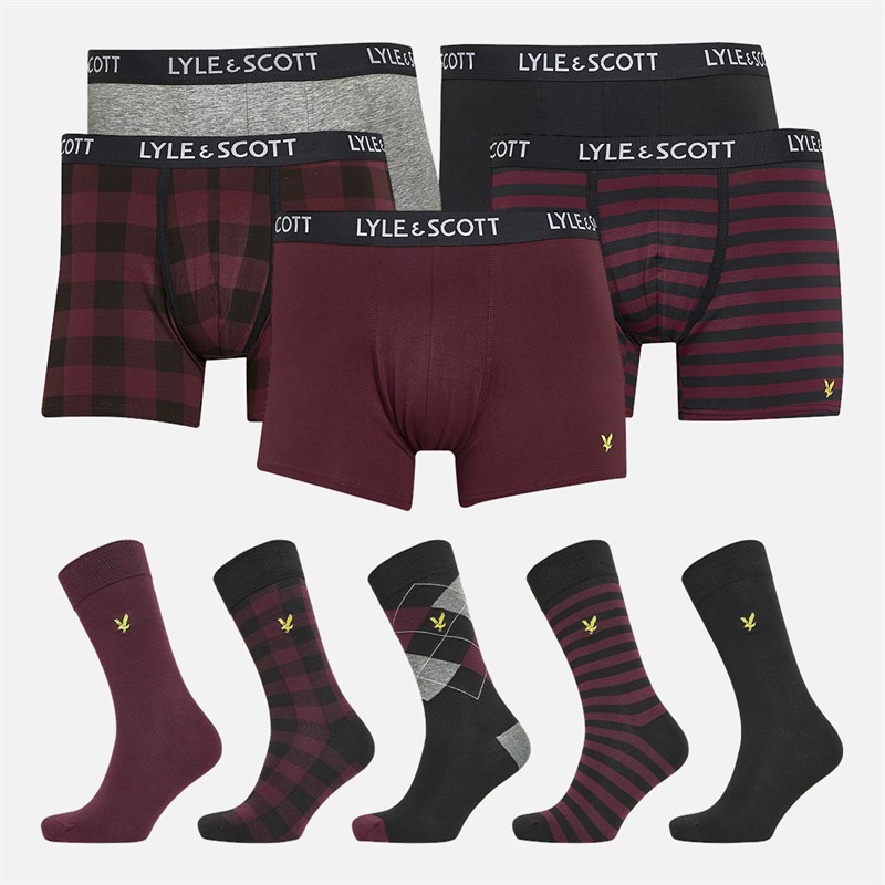 Lyle And Scott Vintage Mens Floyd Ten Pack Boxer Trunks And Socks Gift Set Black Stripe Grey Marl Check Wine Tasting