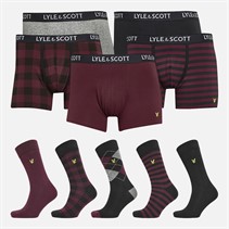 Lyle And Scott Vintage Mens Floyd Ten Pack Trunks And Socks Gift Set Black Stripe Grey Marl Check Wine Tasting