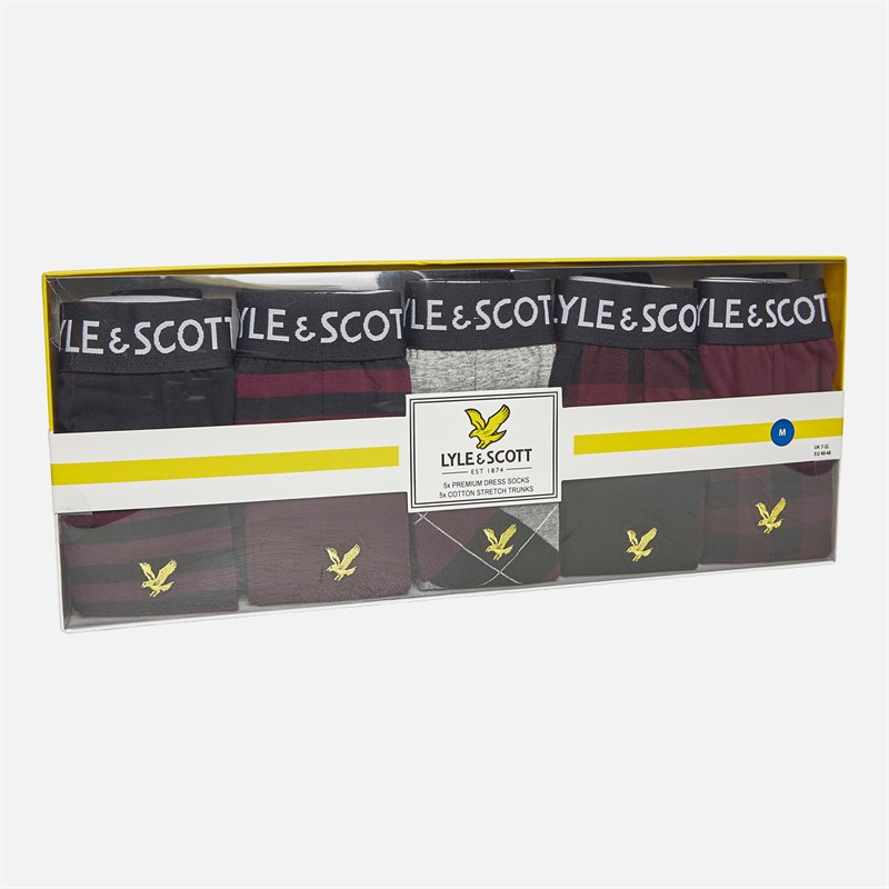 Lyle And Scott Vintage Mens Floyd Ten Pack Boxer Trunks And Socks Gift Set Black Stripe Grey Marl Check Wine Tasting