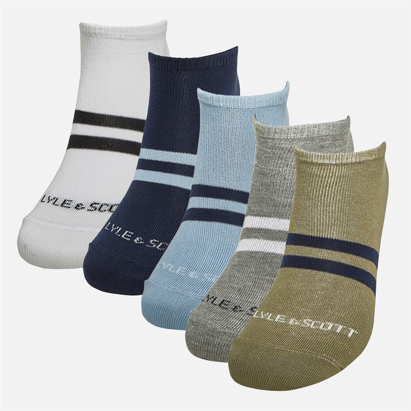 Lyle And Scott Vintage Mens Zeus Five Pack Trainer Socks Peacoat/Chambray Blue/Grey Marl/bright White/Siver Sage