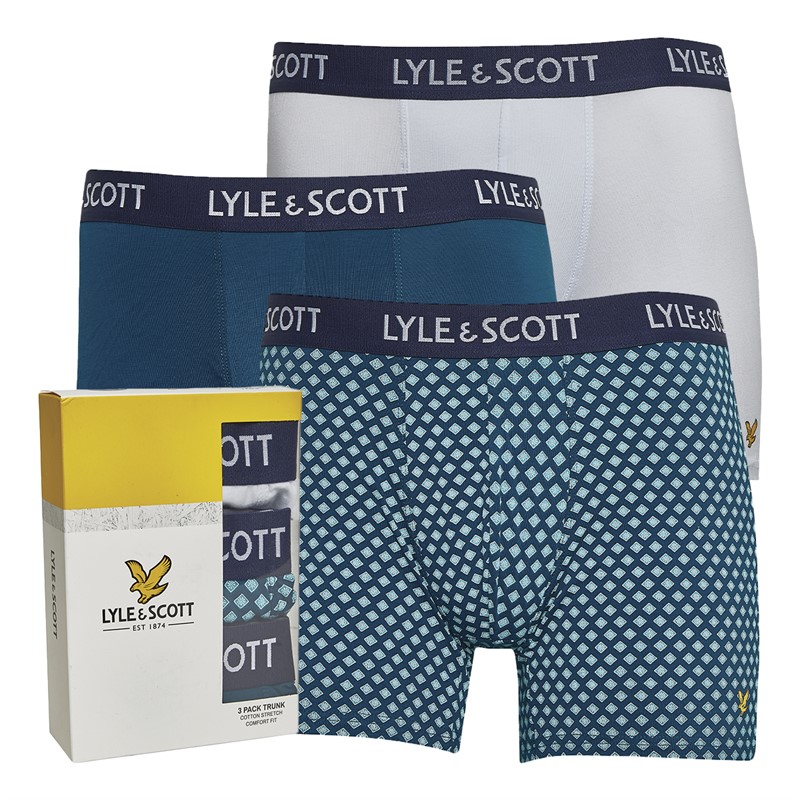 Lyle And Scott Vintage Mens Elliot Three Pack Trunks Bright White/AOP/Sailor Blue