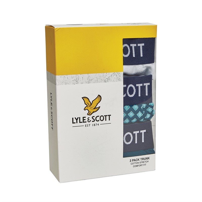 Lyle And Scott Vintage Mens Elliot Three Pack Trunks Bright White/AOP/Sailor Blue