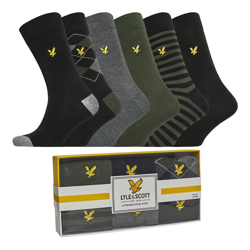 Lyle And Scott Vintage Mens Timothy Six Pack Socks Climbing Ivy/Black/Check/Stripe/Dark Grey Marl/Black