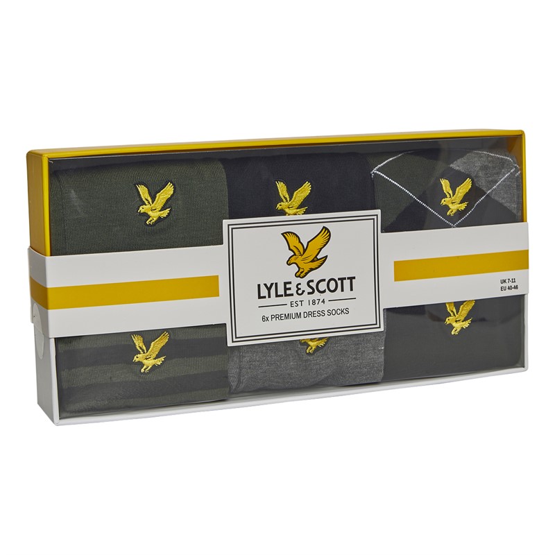 Lyle And Scott Vintage Mens Timothy Six Pack Socks Climbing Ivy/Black/Check/Stripe/Dark Grey Marl/Black