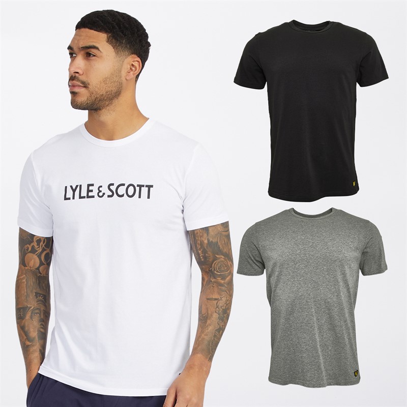 Lyle And Scott Vintage Mens Three Pack Printed T-Shirts Jet Black/Mid Grey Marl/White