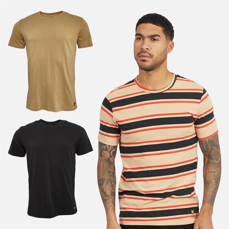Lyle And Scott Vintage Mens Three Pack T-Shirts Cairngorms Khaki/Khaki Stripe/Jet Black - Size XXL