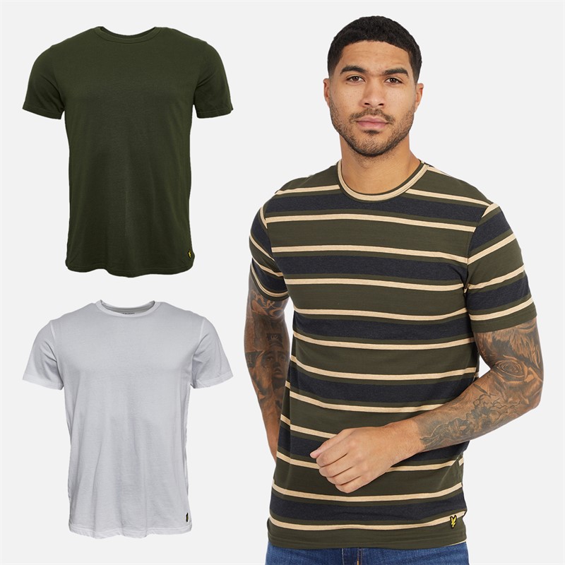 Lyle And Scott Vintage Mens Three Pack T-Shirts Mountain Moss/Mountain Moss Stripe/White