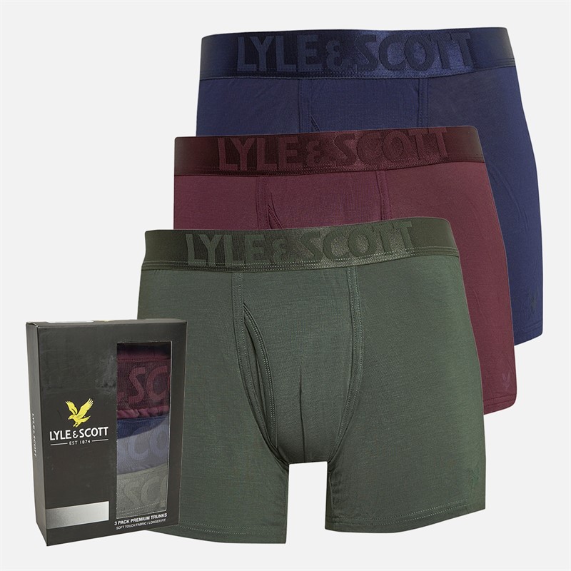 Lyle And Scott Vintage Mens Sutherland Three Pack Premium Modal Boxer Trunks Wine Tasting/Peacoat/Climbing Ivy