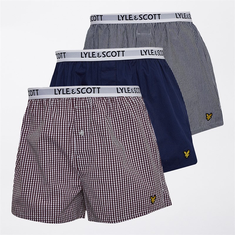 Lyle And Scott Vintage Mens Lenny Three Pack Woven Boxers Stripe/Peacoat/Wine Tasting Gingham
