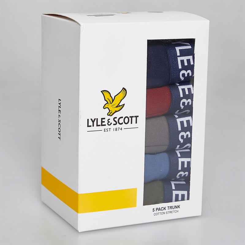 Lyle And Scott Vintage Mens Miller Five Pack Boxer Trunks Peacoat/Ruby Wine/Granite Grey/Blue Horizon/Beetle
